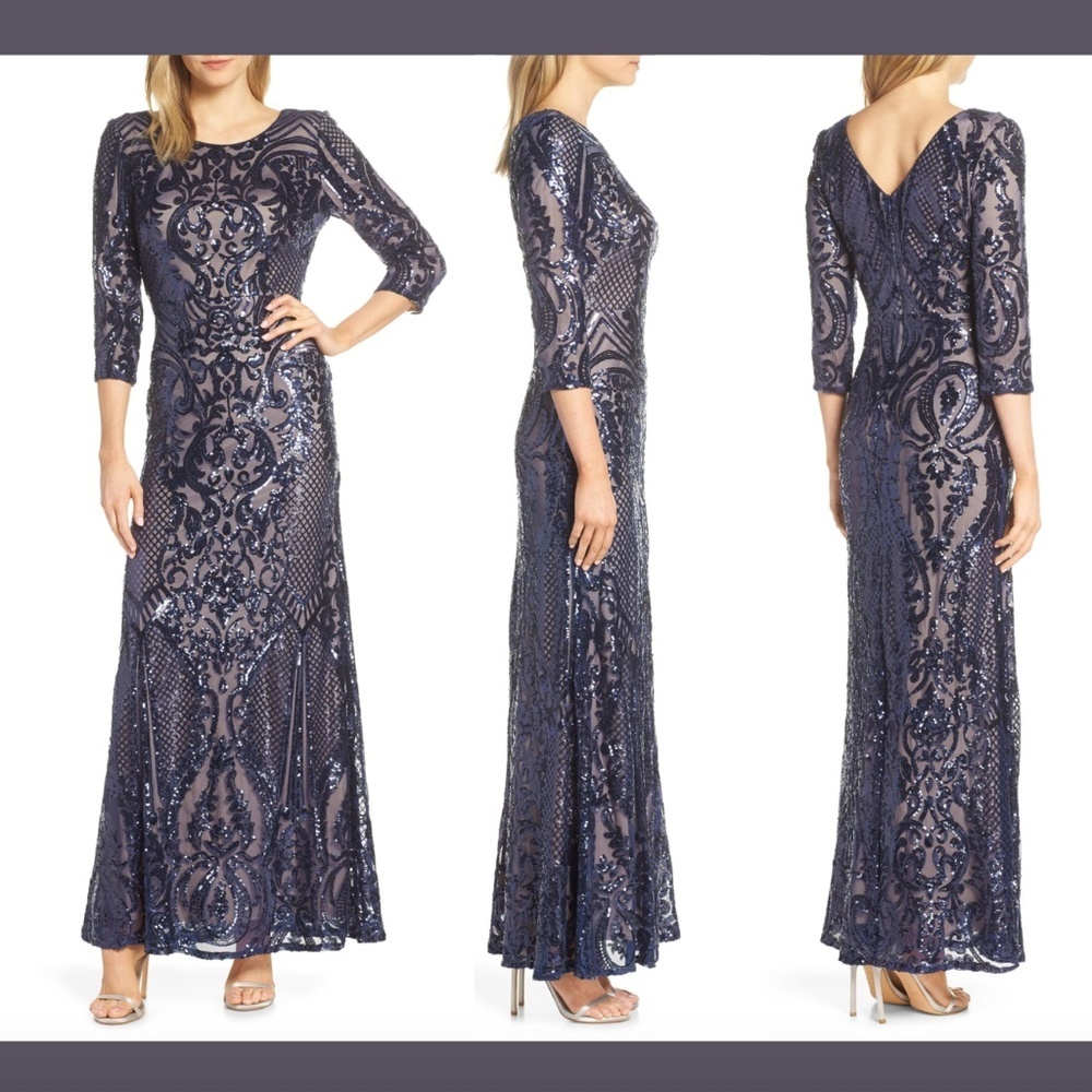 NWT $269 Alex Evenings Sequin Embroidered Mesh A-Line Gown Navy [ SZ 8‎ ] #E936